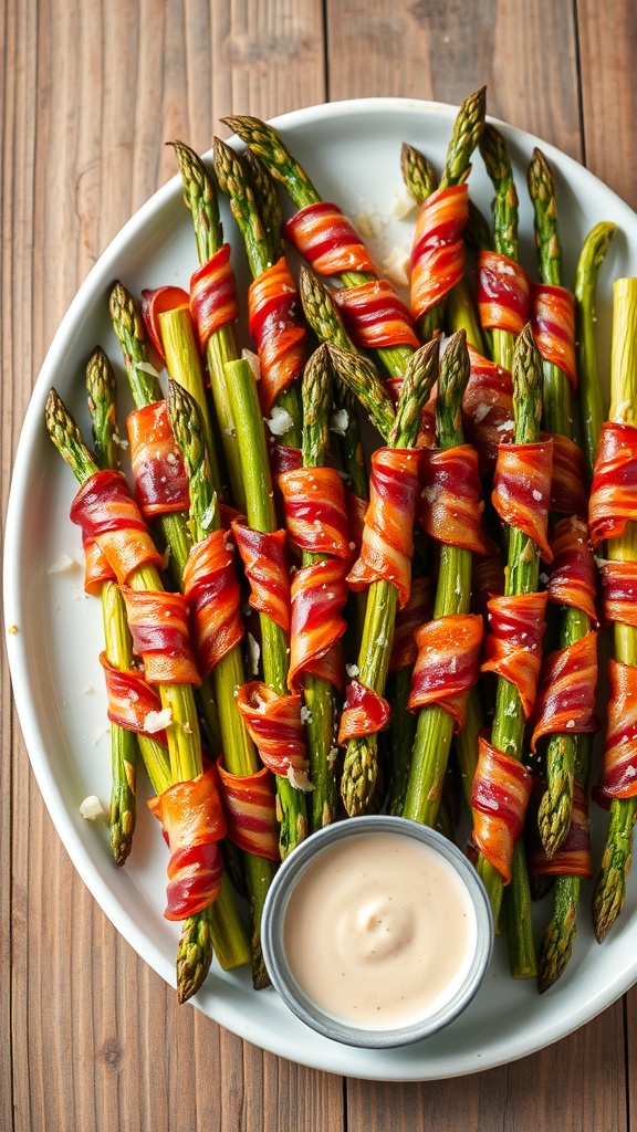 Crispy bacon-wrapped asparagus on a platter, with Parmesan cheese and dipping sauce.